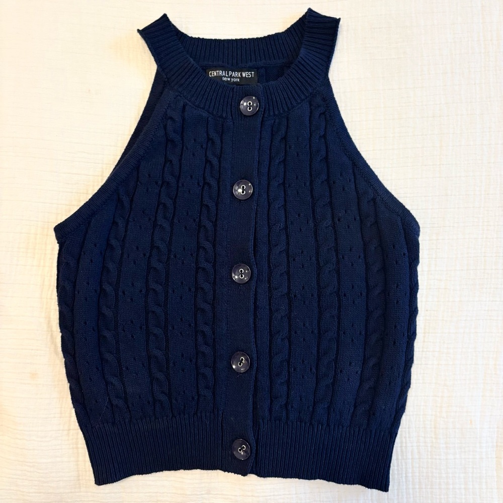 Central Park West Navy Knit Button-Up Vest size small NWOT